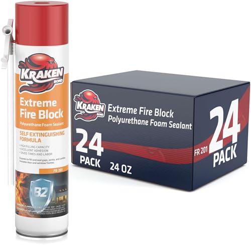 Kraken Bond Extreme Orange Fire Block Foam - (24x24oz) Fire Rated Polyurethane Spray for Gap Filling, Sealing on Windows, Walls, Joints & Pipes, Straw Use High Expansion Fire Proof Foam - 24 Pack - size: 24 Pack
