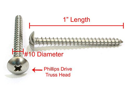 #10 x 1 Stainless Truss Head Phillips Wood Screw (100pc) 18-8 (304) Stainless Steel Screws by Bolt Dropper, ssd Screws - size: #10 x 1"