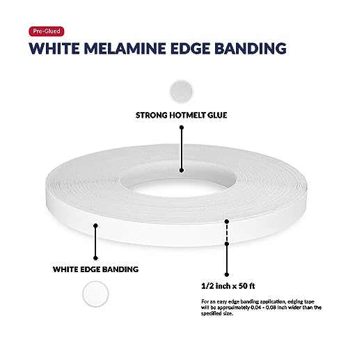 UNMAR White Edge Banding Melamine Iron On Tape Adhesive Wood Board Edging Strips Veneer Trim Laminate Cabinet Furniture MDF Plywood Formica Shelf Stick Countertop (1, White, 1/2 in x 50 ft) - size: 1/2 in x 50 ft