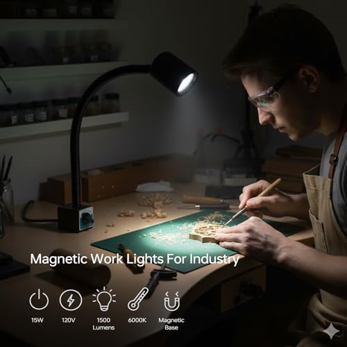 LED Magnetic Work Light, 1500lumens 20in Flexible Gooseneck Work Lamp with Strong Magnetic Base for Lathe Machines, Workbenches. 15W，Yuan 915