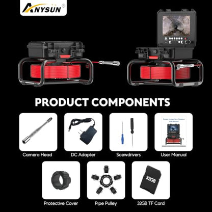Anysun Sewer Camera with 9 inch 1080p IPS Screen, Pipe Inspection Drain Camera, 100ft/30m Snake, IP68 Industrial Borescope, 16GB Card (Red Cable) 30M - size: 100Ft/30M, Self Leveling & Distance Counter