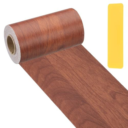 Wood Grain Repair Tape 4" x33', Self Adhesive Realistic Textured Repair Patch Peel and Stick Wood Tape with Scraper for Floor Door Window Furniture Table Red Brown