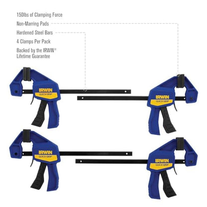 IRWIN Quick-Grip 1964758 One-Handed Mini Bar Clamp 4 Pack, 6", Blue - size: 4 Count (Pack of 1), style: 4 Pack, 6 Inch