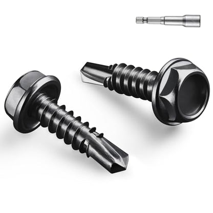 #10 x 3/4 Inch Self Drilling Screws, (58pcs) 0.5 lbs Black Self Tapping Screws for Metal, 410 Stainless Steel Hex Washer Head Sheet Metal Screw - color: Black 0.5lb Per Box, size: #10x3/4"