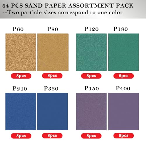 64Pcs 1/4 Sheet Sandpaper Assortment Pack 60/80/120/150/180/240/320/400Grit