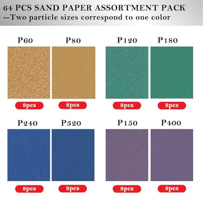 64Pcs 1/4 Sheet Sandpaper Assortment Pack 60/80/120/150/180/240/320/400Grit