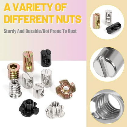 60PCS M6 x 10/12/15/20mm Barrel Nuts, Yellow Zinc-Plated Carbon Steel Cross Dowels Slotted Barrel Nut, M6 x 15mm Threaded Inserts with M6 x 10mm T-Nuts Kit, for Wood Furniture Screw - color: Zinc Yellow, size: M6 x 10/12/15/20mm