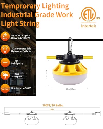 100FT LED Construction String Lights, with 10 Bulbs Industrial Grade 100W - size: 100FT 2 Prong (Yellow)