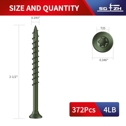 #9 x 2-1/2" Deck Screws (372Pcs) 4lb. Exterior Wood Screws. Carbon Steel, Green, Flat Head, Rust Resistant epoxy Coated, with T25 Star Bit - color: Green, size: #9 x 2-1/2"