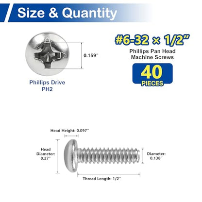 40 Sets #6-32 x 1/2" Pan Head Machine Screws Nuts Washers Assortment Kit - size: #6-32 x 1/2"