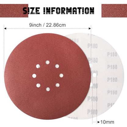9 Inch 8 Hole Drywall Sanding Disc, 180 Grit 15 PCS Hook and Loop Sandpaper - style: Grit 180
