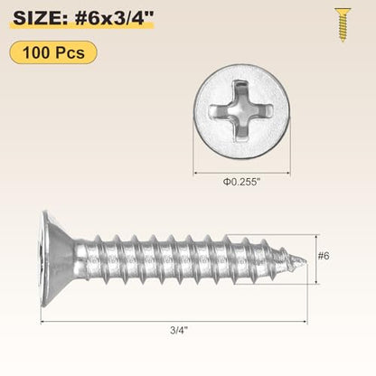 METALLIXITY 100Pcs #6x3/4 Countersunk Phillips Wood Screws SS304