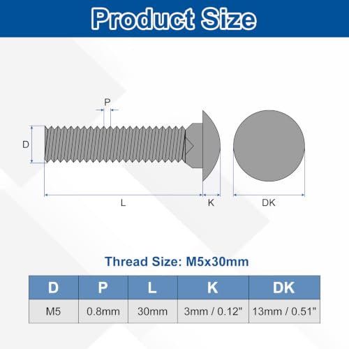 uxcell 30Pcs Carriage Bolts, M5 x 30mm Stainless Steel 18-8 (304) - color: Black, size: M5 x 30mm
