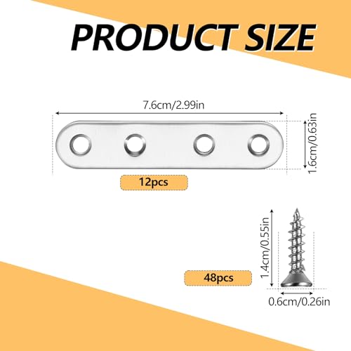Mending Plates Flat Brackets, 12Pcs Stainless Steel Straight Brace Brackets
