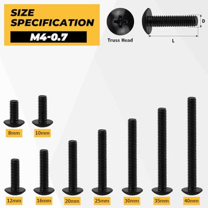100pk M4 x 12mm Black Truss Head Machine Screws, 304 SS + Bit - size: M4-0.7 x 12mm