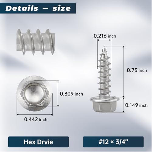 #12 x 3/4" Flanged Hex Head Fiberboard Wood Screws 50-Pack, 410 Stainless Steel Rust-Resistant Screws for Furniture & Wood Working Projects, Hex Bit Included - size: #12 x 3/4