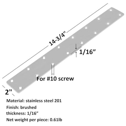 6 Pack 14-3/4" x 2" Long Flat Mending Plate Bracket, Stainless Steel - size: 14-3/4" x 2"