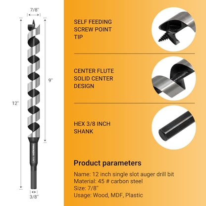 7/8" x 12" Auger Drill Bit, 3/8" Hex Shank, for Wood - size: 7/8" x 12"