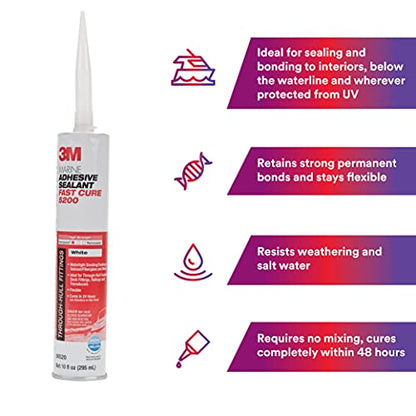 3M Marine Adhesive Sealant 5200FC Fast Cure, White, 10 fl oz Cartridge - size: 10 fl.oz cartridge
