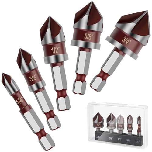 5PCS Countersink Drill Bit Set, 1/4" Hex Shank Countersink Bit Set for Wood