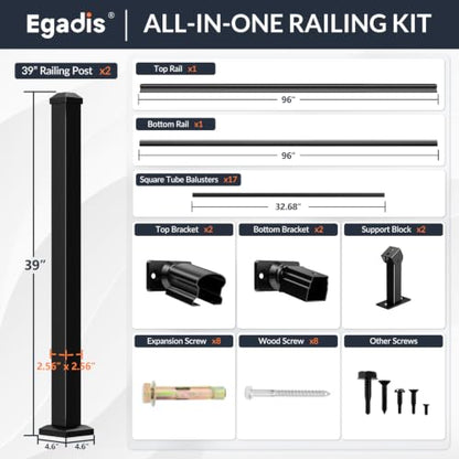 Egadis 1 Pack 36 in x 8 ft Modular Aluminum Stair Railing Kit, Black - color: Stair 8ft - 1Panel 2Post