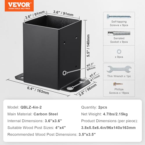 VEVOR 4x4 Post Base, 2 Pcs Post Base Brackets, Inner Size 3.6"x3.6" Heavy Duty Powder-Coated Post Anchor Matte Black Wood Post Brackets for Pavilion Deck Railing Support Deck Base Plate - size: 4x4 2pc