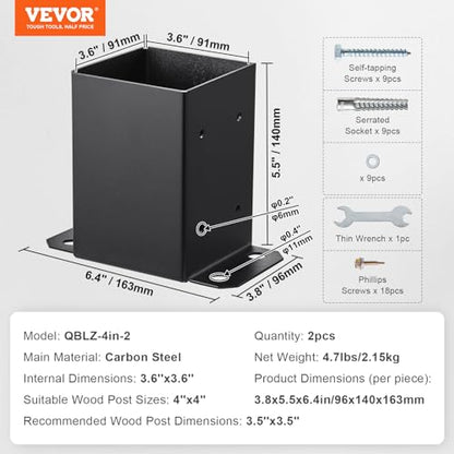 VEVOR 4x4 Post Base, 2 Pcs Post Base Brackets, Inner Size 3.6"x3.6" Heavy Duty Powder-Coated Post Anchor Matte Black Wood Post Brackets for Pavilion Deck Railing Support Deck Base Plate - size: 4x4 2pc