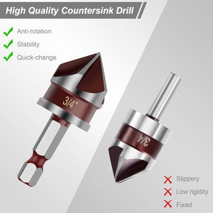 5PCS Countersink Drill Bit Set, 1/4" Hex Shank Countersink Bit Set for Wood