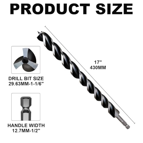 1-1/6"×17" Professional Auger Drill Bit for Wood with Quick Change 1/2" Hex Shank- 3-Cutter Design with Dual-Flute for Fast Chip Removal, Fits Hardwood, Softwood, PVC, Drywall & Tree Stumps - size: 1-1/6"×17"