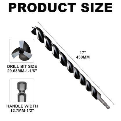 1-1/6"×17" Professional Auger Drill Bit for Wood with Quick Change 1/2" Hex Shank- 3-Cutter Design with Dual-Flute for Fast Chip Removal, Fits Hardwood, Softwood, PVC, Drywall & Tree Stumps - size: 1-1/6"×17"