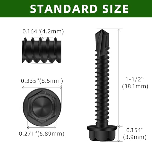 Mellewell #8 x 1-1/2" Hex Washer Head Self Drilling Screws, Self Tapping Sheet Metal Screws, 410 Stainless Steel, Black Finish, 100 PCS - color: Black, size: #8 x 1-1/2"