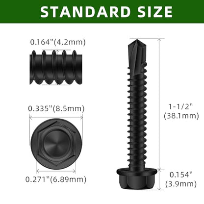Mellewell #8 x 1-1/2" Hex Washer Head Self Drilling Screws, Self Tapping Sheet Metal Screws, 410 Stainless Steel, Black Finish, 100 PCS - color: Black, size: #8 x 1-1/2"