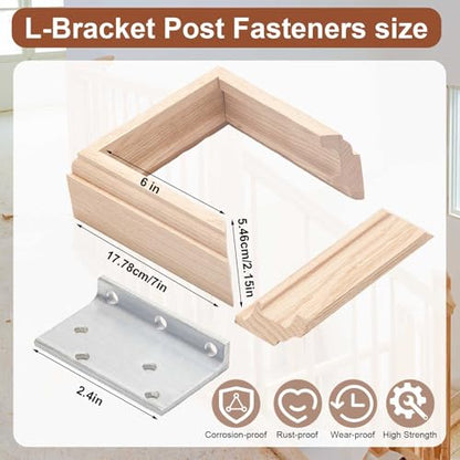 Blulu 2 Set 6" Newel Post Mounting Kit 8 Pcs L Bracket Post Fasteners with 8 Pcs Maple Wood Skirt Trim and Screws for Square Newels Fastening Handrails Railings Balustrades to Stairs and Floors - size: 6 Inch
