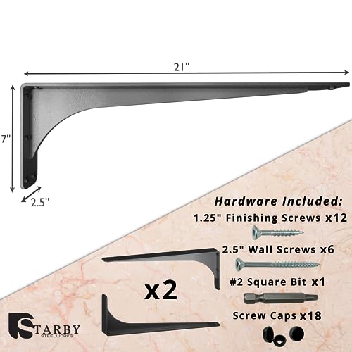 Starby Gladiator Series Solid Heavy Duty Welded 500 Lb Low Profile Granite Countertop Support Shelf Brackets Floating Shelf Discrete Slim 500 LB Capacity (2 Pack) (7" x 21" x 2.5") - size: 7" x 21" x 2.5"