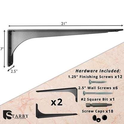 Starby Gladiator Series Solid Heavy Duty Welded 500 Lb Low Profile Granite Countertop Support Shelf Brackets Floating Shelf Discrete Slim 500 LB Capacity (2 Pack) (7" x 21" x 2.5") - size: 7" x 21" x 2.5"