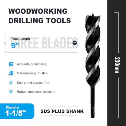 1-1/5" x 9" Auger Drill Bit with SDS Plus Shank for Wood - size: 1-1/5"x9"