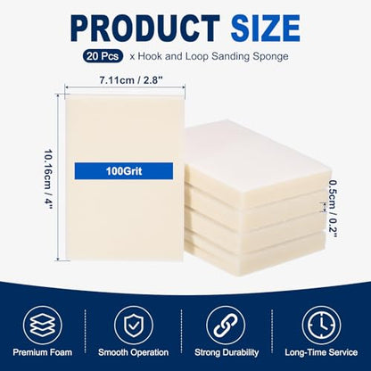 20Pcs 100Grit Sanding Sponges, 4x2.8In Hook & Loop White - size: 100 Grit
