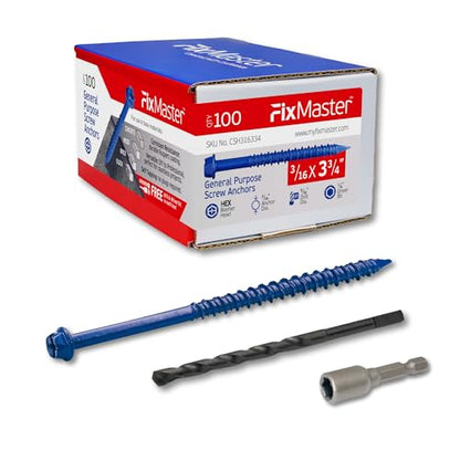 3/16 x 3-3/4" Hex Head Blue Concrete Screw Anchors (100 pcs Screw Kit) with one Screwdriver and Drill Bit for Concrete, Masonry, Block, Brick and Wood Fastening - size: 3/16 x 3-3/4"