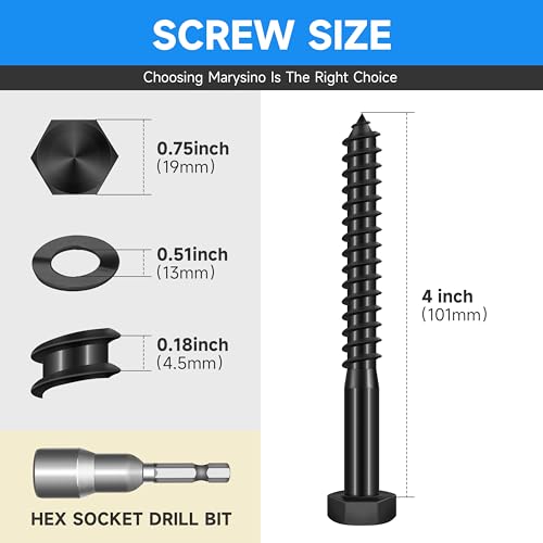 (6-Set) 1/2 x 4 Lag Screws, Stainless Steel Heavy Duty Hex Head Lag Bolts for Wood, Commercial/Industrial Grade 1/4 Bolts, Mounting Screws Bolts Kit, Black Oxided by Marysino - color: Black, size: 1/2 x 4"