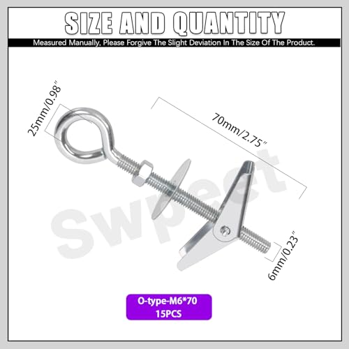 Swpeet 15 Set M6×70mm Eye Bolt Toggle Bolts and Wing Nut Kit with Hex Nuts, Washers Assortment Kit, Heavy Duty Butterfly Toggle Anchors Swag Hooks for Hanging Heavy Items on Drywall - size: M6×70mm