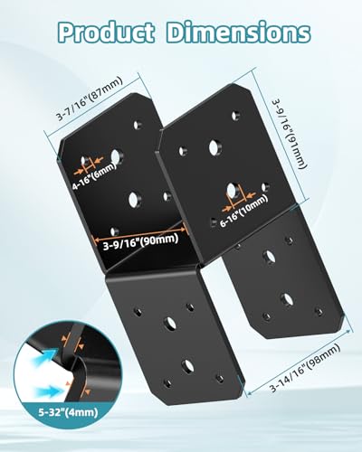4x4 Post Bracket Kit for Wood Posts, Pergola, Decks, Porches, Beams - color: Black