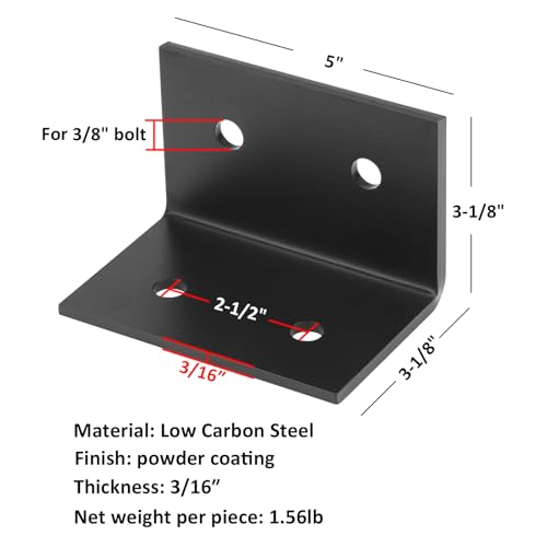 2 Pack 5" x 3-1/8" Steel L Angle Bracket, Heavy Duty 3/16" Thick