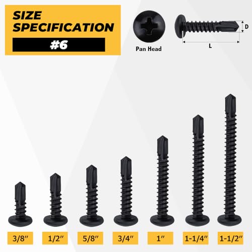 150pk #6 x 1 Black Pan Self-Drilling Sheet Metal Screws, 410 SS + Bit - size: #6 x 1"