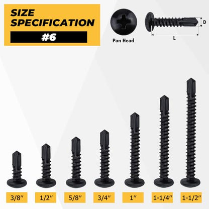 150pk #6 x 1 Black Pan Self-Drilling Sheet Metal Screws, 410 SS + Bit - size: #6 x 1"