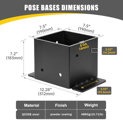 8x8 Post Bases Heavy Duty Brackets (Fits Actual 7.5"x7.5") - size: 8x8- 1pcs