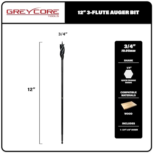 3/4 Inch x 12 Inch 3-Flute Auger Bit, Greycore Tools Wood Drill Bit for Hard and Soft Wood, 1/4” Quick Change Shank, Woodworking Auger Bits (3/4” x 12” Auger) - size: 3/4" x 12", style: 12 Inch