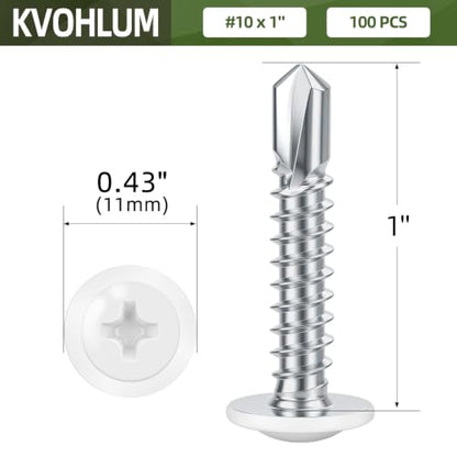 #10 x 1 (100 PCS) White Head Fast Self Tapping Sheet Metal Screws, Modified Truss Head Self Drilling Screw, Full Thread, Screwdriver Bit Included - color: White, size: #10 x 1"