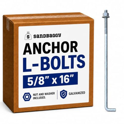 Sandbaggy 5/8" x 16" Threaded Concrete Anchor L-Bolts (Nuts & Washers Included) - Hot Dipped Galvanized - Sill Plate, Base Plate, Masonry, Wood, Cement Anchors, J Bolt (10, 5/8” x 16”) - size: 5/8” x 16”