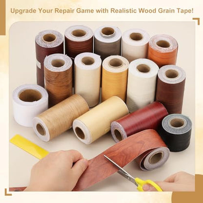 Wood Grain Repair Tape 4" x33', Self Adhesive Realistic Textured Repair Patch Peel and Stick Wood Tape with Scraper for Floor Door Window Furniture Table Red Brown