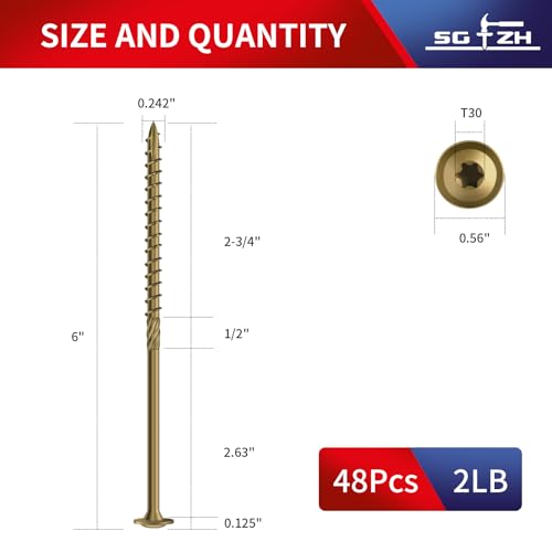 #14 x 6 Inch Lag Screws (48Pcs) 2lb. Structural Wood Screw, Bronze, Carbon Steel, Washer Head, Rust Resistant epoxy Coated, T30 Star Bit - color: Bronze, size: #14 x 6"